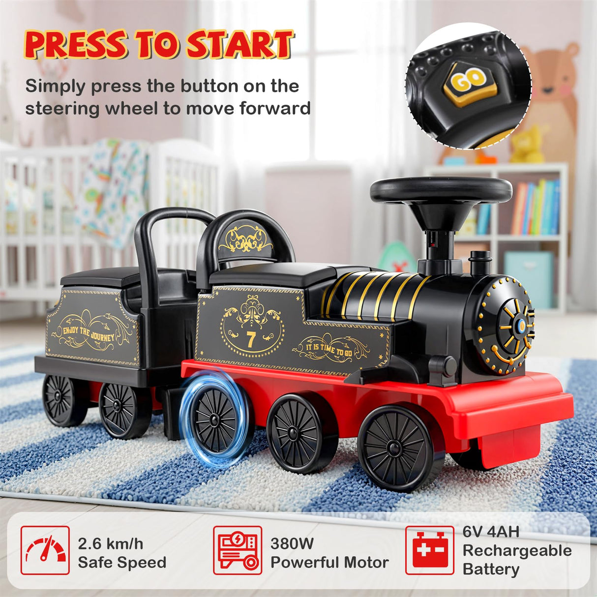 Ride on Train with Carriage, 6V 2-Seater Battery Powered Ride on Toy with Under-Seat Storage
