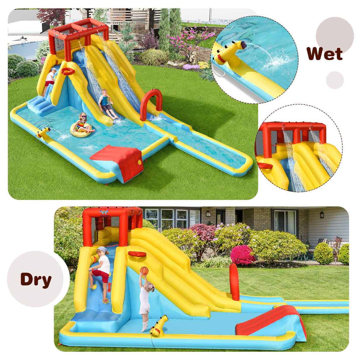 HONEY JOY Inflatable Water Slide, 7-in-1 Double Long Slide Inflatable Water Park w/Climbing Wall (Without Blower)