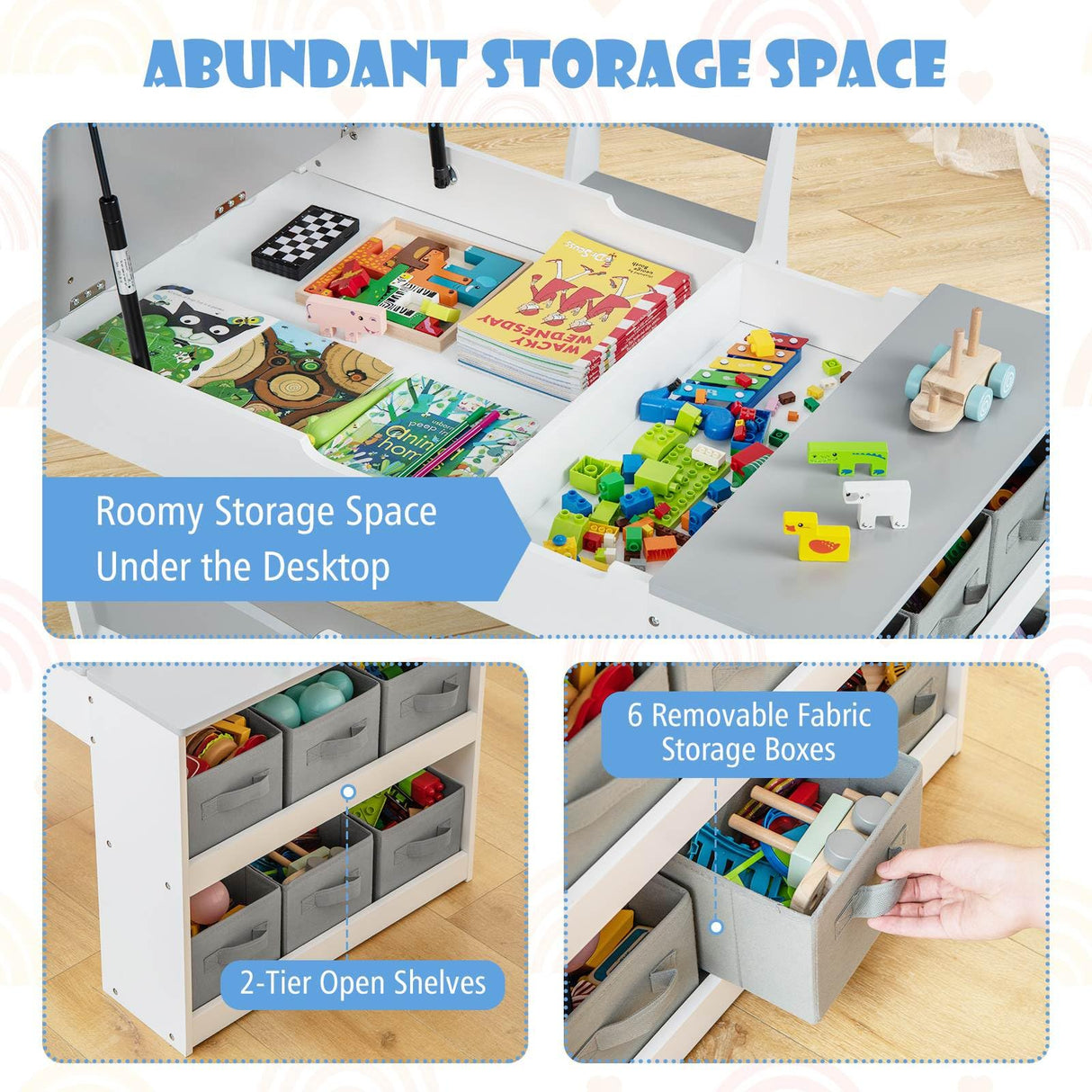 HONEY JOY Kids Table and Chairs Set, 2 in 1 Wooden Art Table & Easel Set for Children with 2 Chairs, 6 Storage Bins