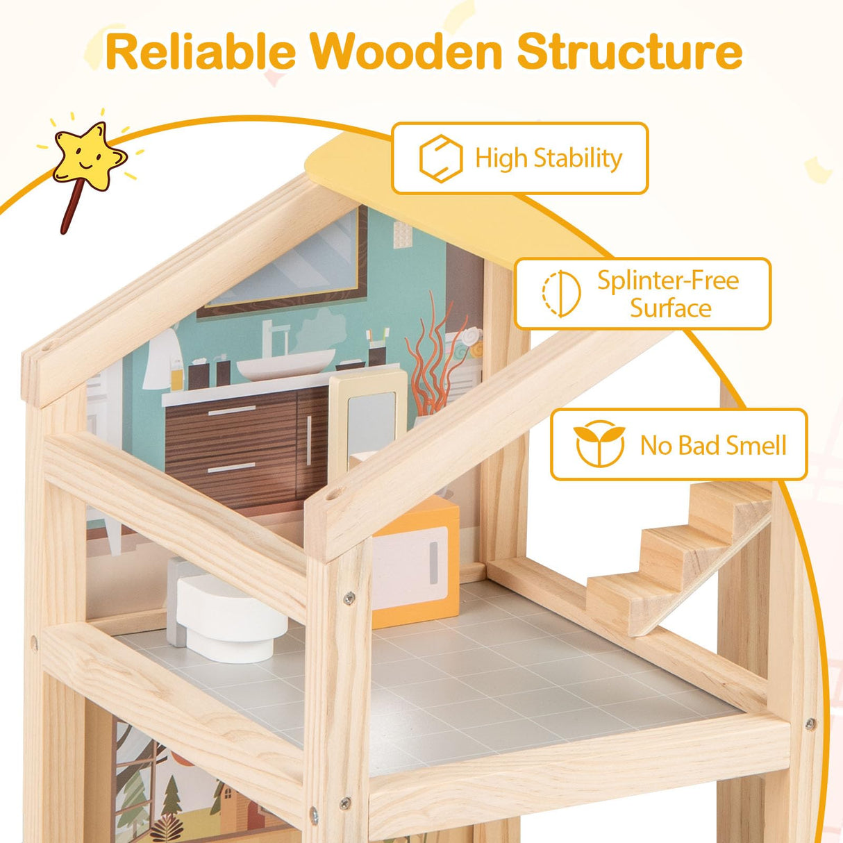 Wooden dollhouse with features highlighted on a white background
