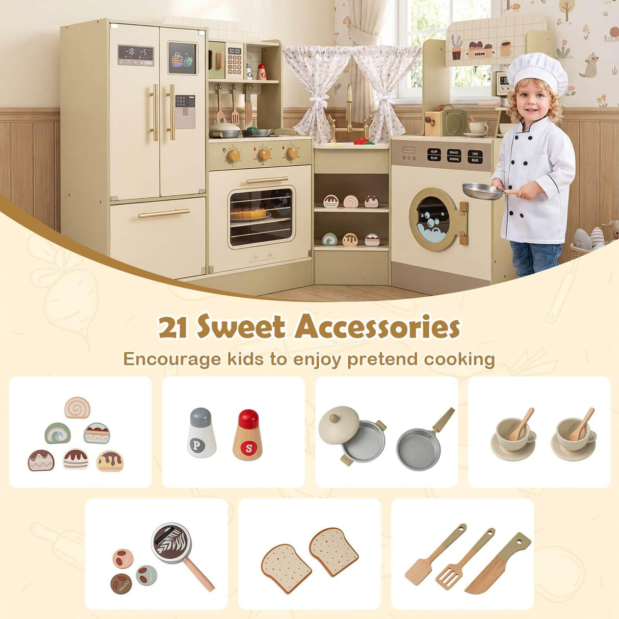 HONEY JOY Kids Corner Play Kitchen, Pretend Play Kitchen Playset