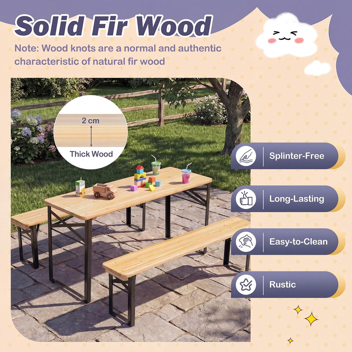HONEY JOY 110 CM Folding Kids Picnic Table & Bench Set, No Assembly Wooden Toddler Table