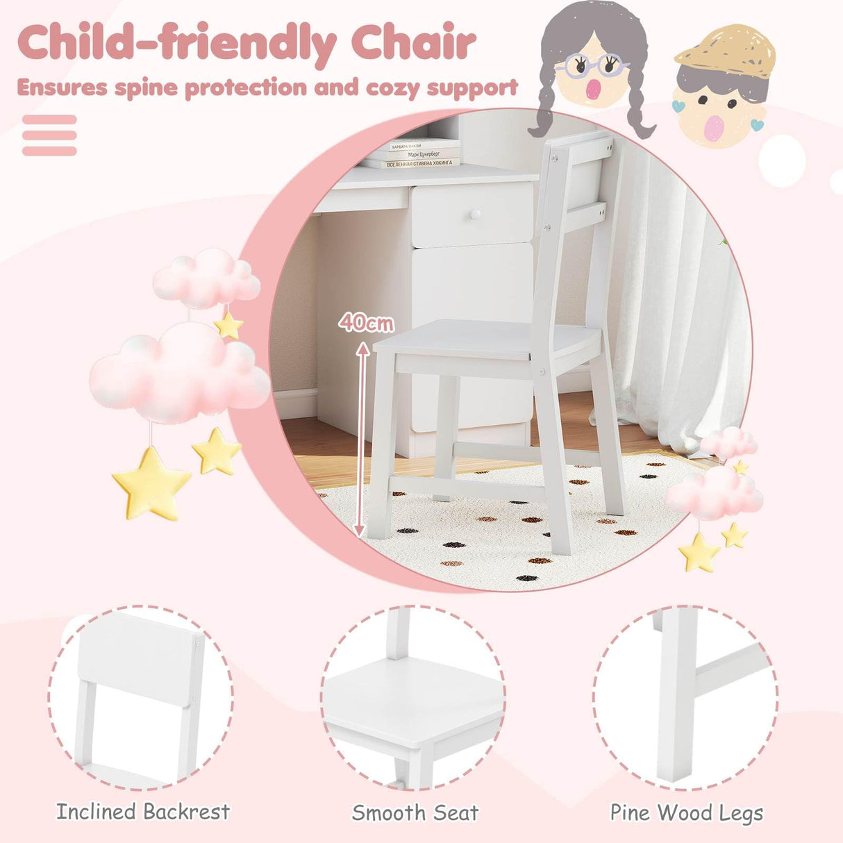 Kids Desk and Chair Set, Children Study Desk with Chair, Hutch & 3-Layer Side Shelf