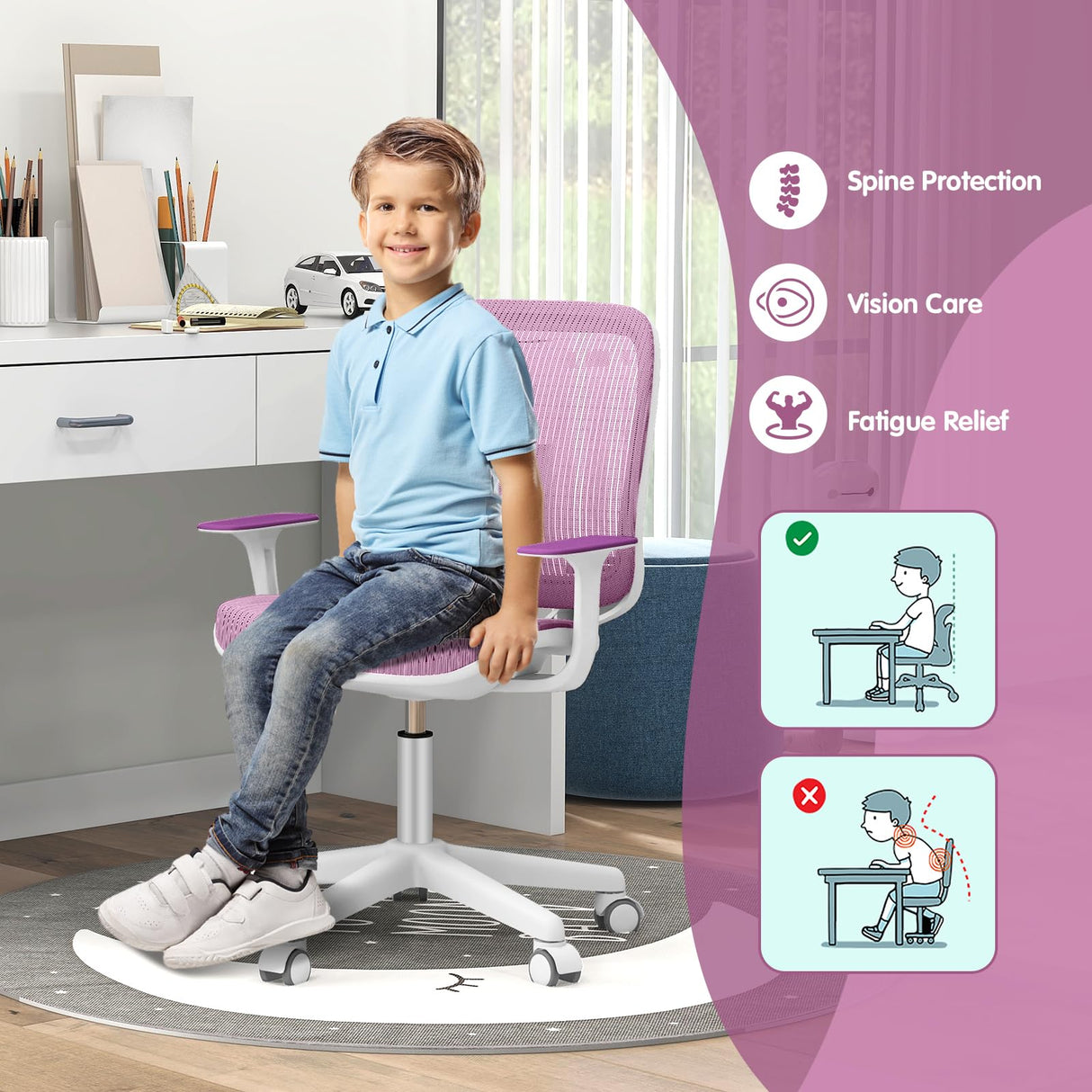 Ergonomic Children Study Computer Chair, Mesh Swivel Task Student Chair 6-15 Years for Home School Office