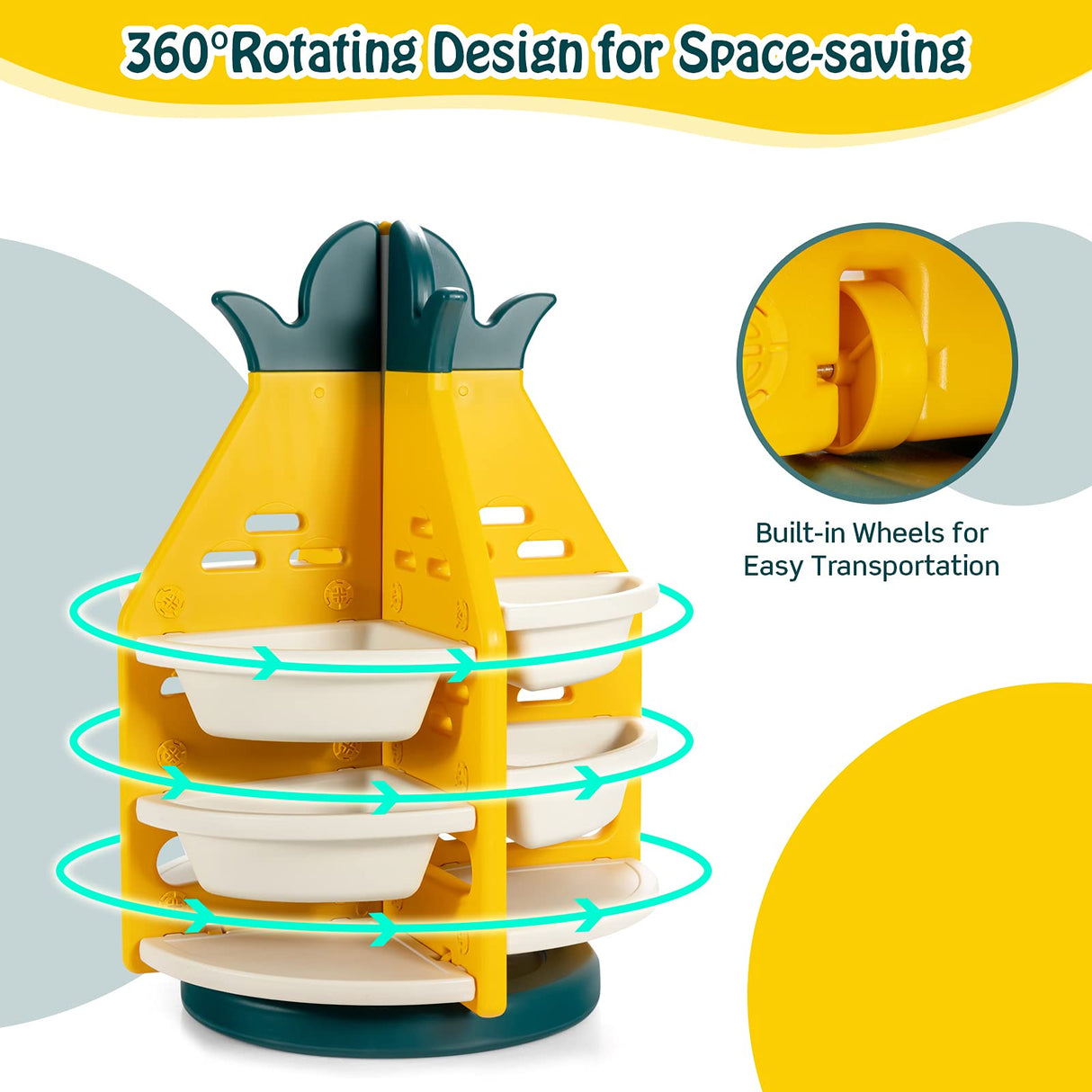 BABY JOY Kids Toy Storage Organiser, 3-Tier 360° Rotating Toy Shelf w/ 8 Bins & 4 Shelves