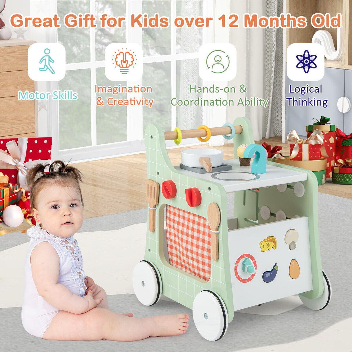 BABY JOY 6-in-1 Wooden Baby Walker, Toddler Push and Pull Learning Activity Center