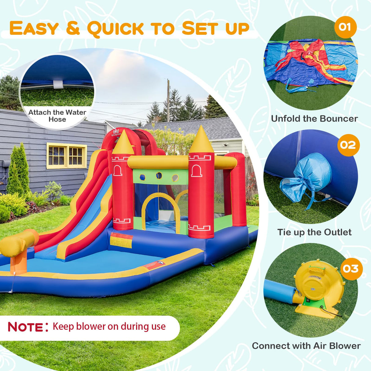 HONEY JOY Inflatable Water Slide, Outdoor Water Park Bouncy House with Ring-tossing with 680W Blower