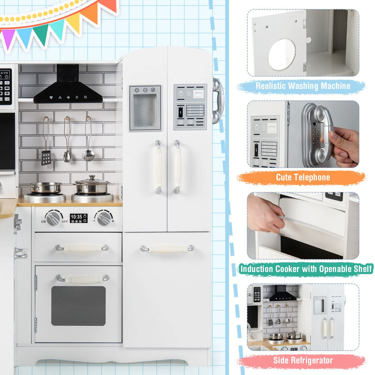 HONEY JOY Kids Corner Kitchen Playset, Wooden Pretend Playset w/Realistic Washing Machine, Microwave Oven