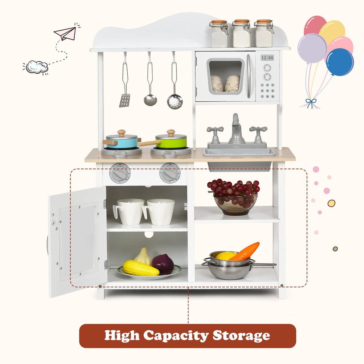 HONEY JOY Kids Kitchen Playset, Wooden Pretend Playset for Toddlers w/Sink, Oven, Microwave, Stove, Pots, Utensils