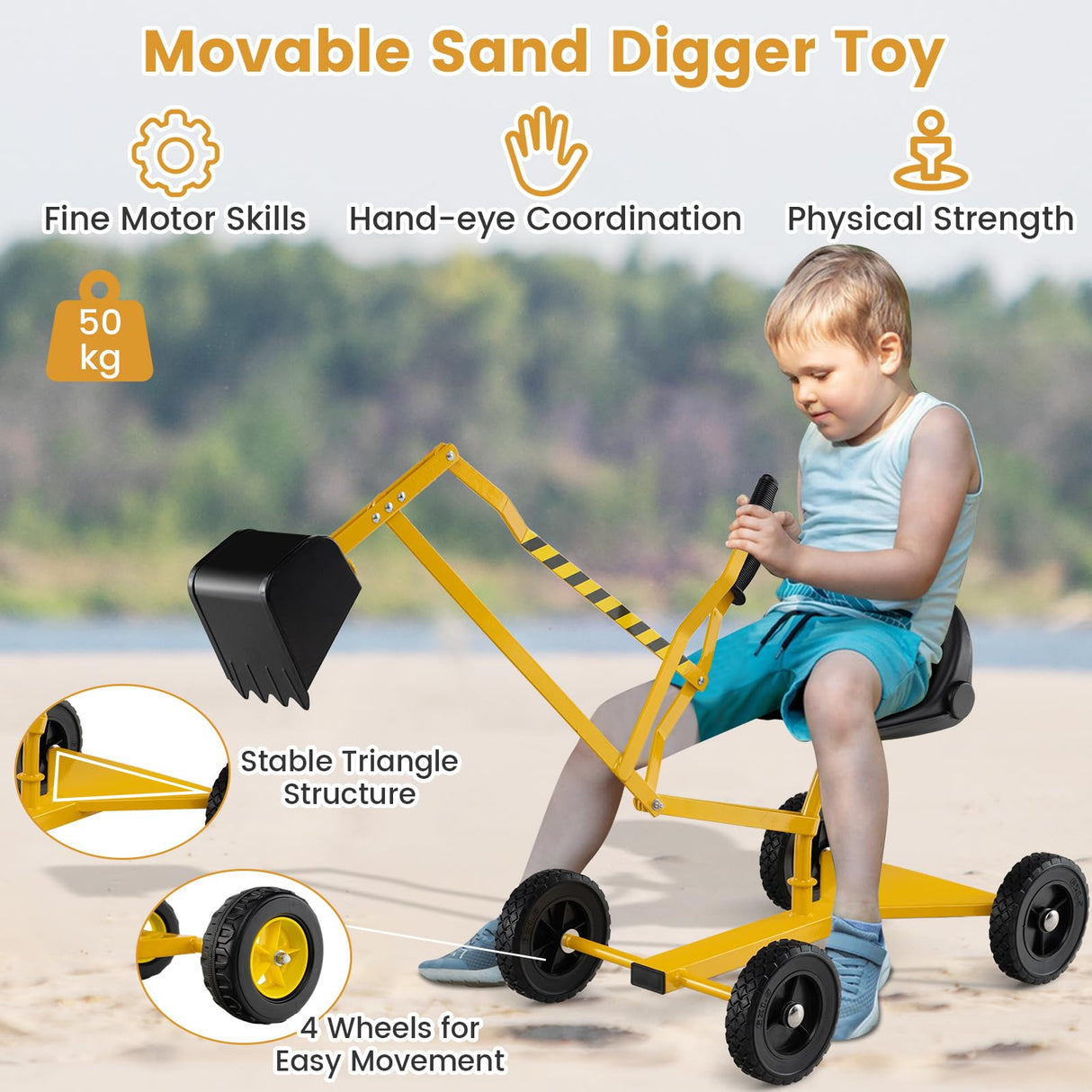 Sandbox Toy Digger w/ 2-Handed Controls & Flexible Shovel, 360° Rotatable Function & Ergonomic Backrest