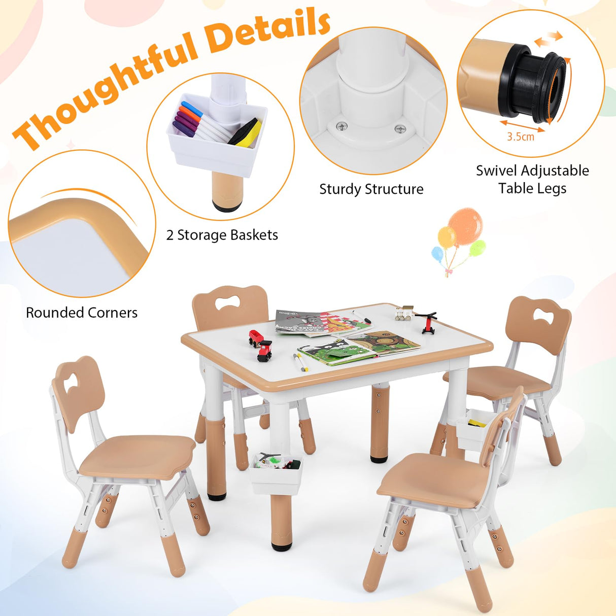 HONEY JOY Kids Table and 4 Chairs Set, Height Adjustable Toddler Desk and Chair Set