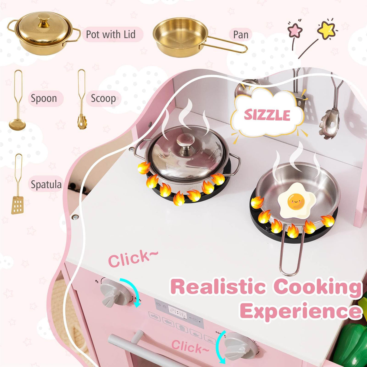 Wooden Play Kitchen for Kids with 3 Adjustable Heights and Stoves and Ice Maker