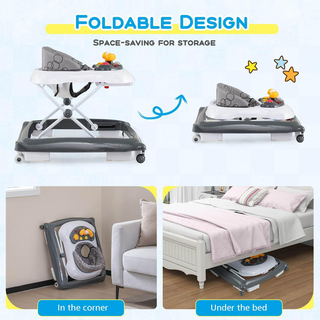 Foldable baby walker with space-saving features on a white background