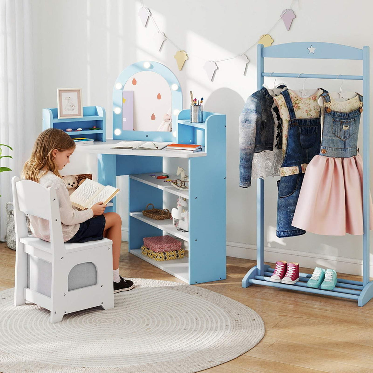 HONEY JOY Corner Kids Vanity with Lights, Princess Vanity Table & Chair Set