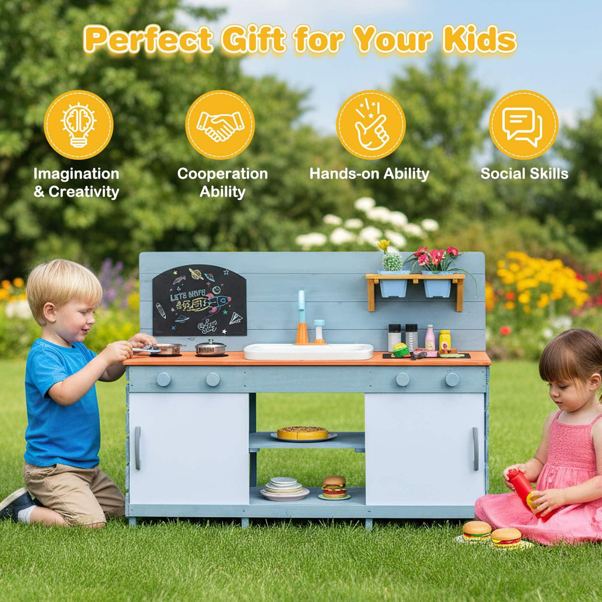 Children playing with a toy kitchen set outdoors, with icons and text highlighting benefits.