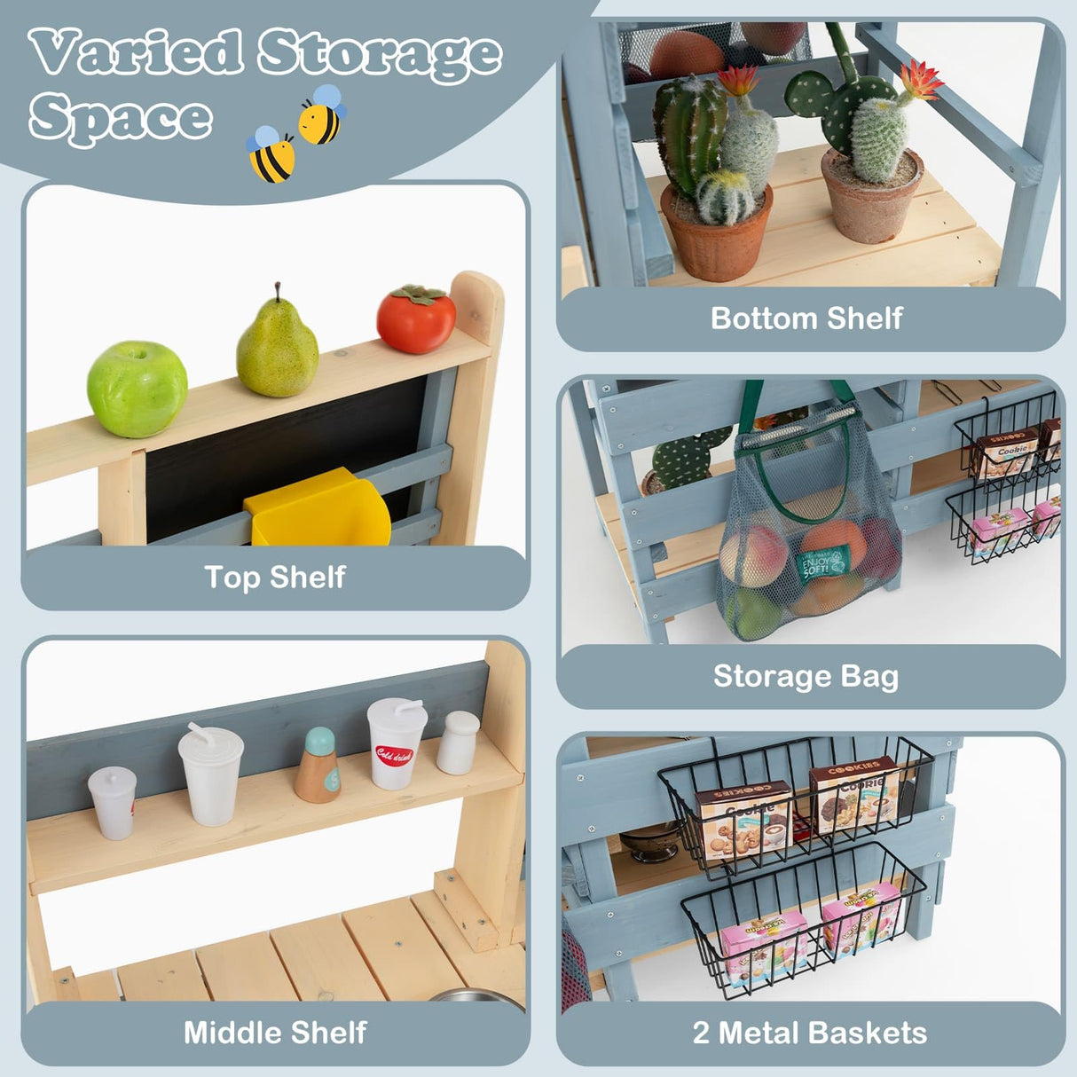 HONEY JOY 2-in-1 Outdoor Mud Kitchen, Kids Play Kitchen & Grocery Store with Faucet & Removable Sink, Metal Baskets & Storage Bag