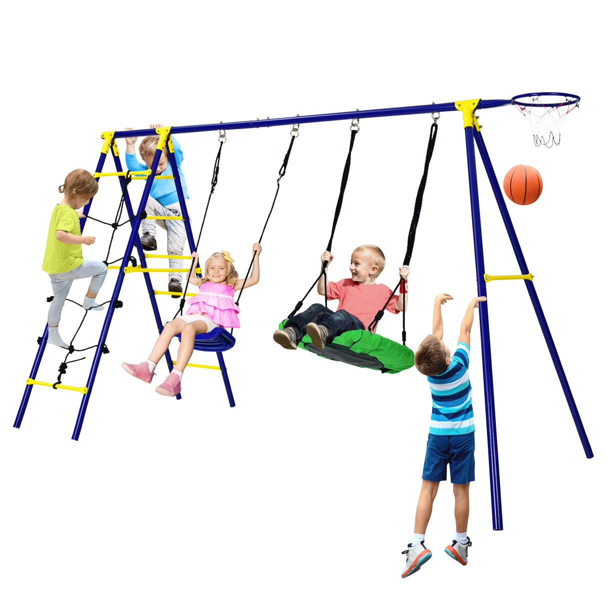 HONEY JOY 5-in-1 Metal Climb and Swing Set with 2 Tree Swings, Climbing Ladder