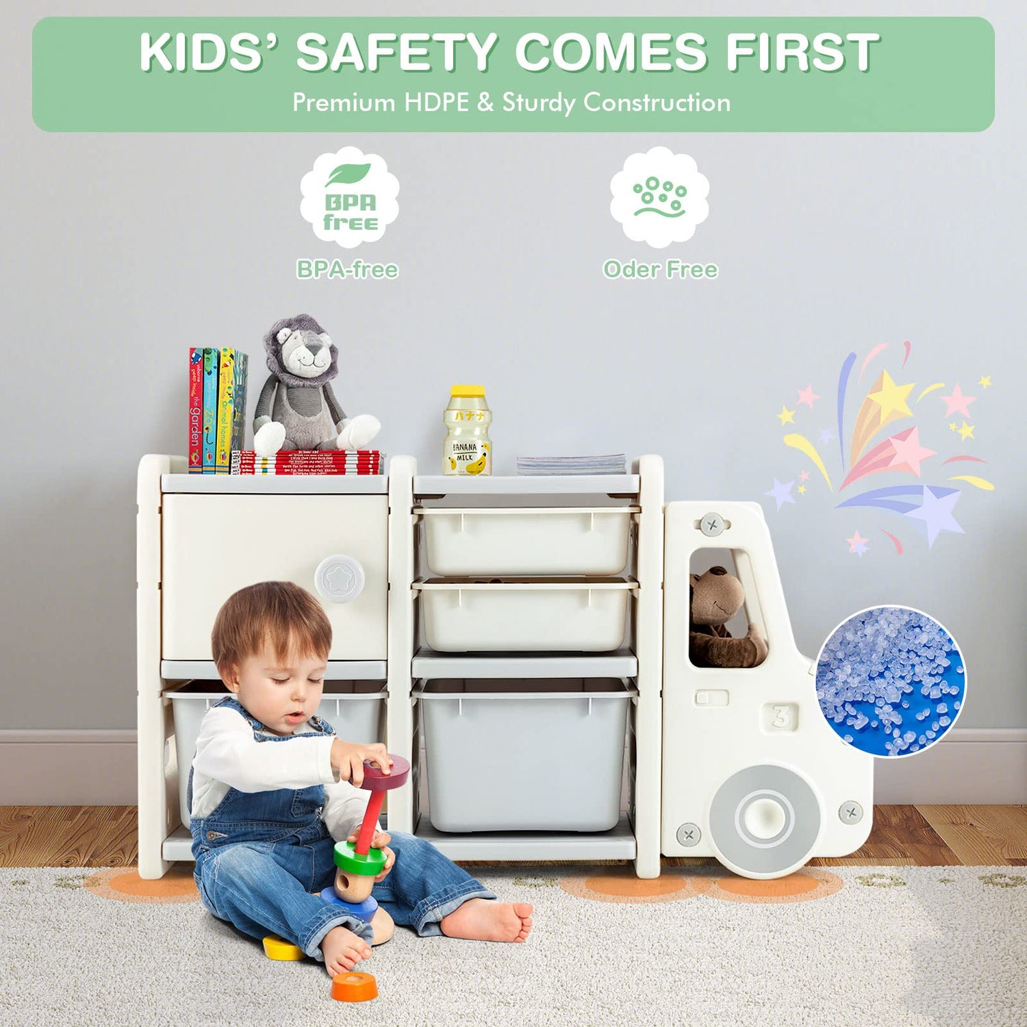 HONEY JOY Kids Toy Storage Organiser with 2 Large Bins, Pull-Out Drawers, Cabinet, Front Store Space