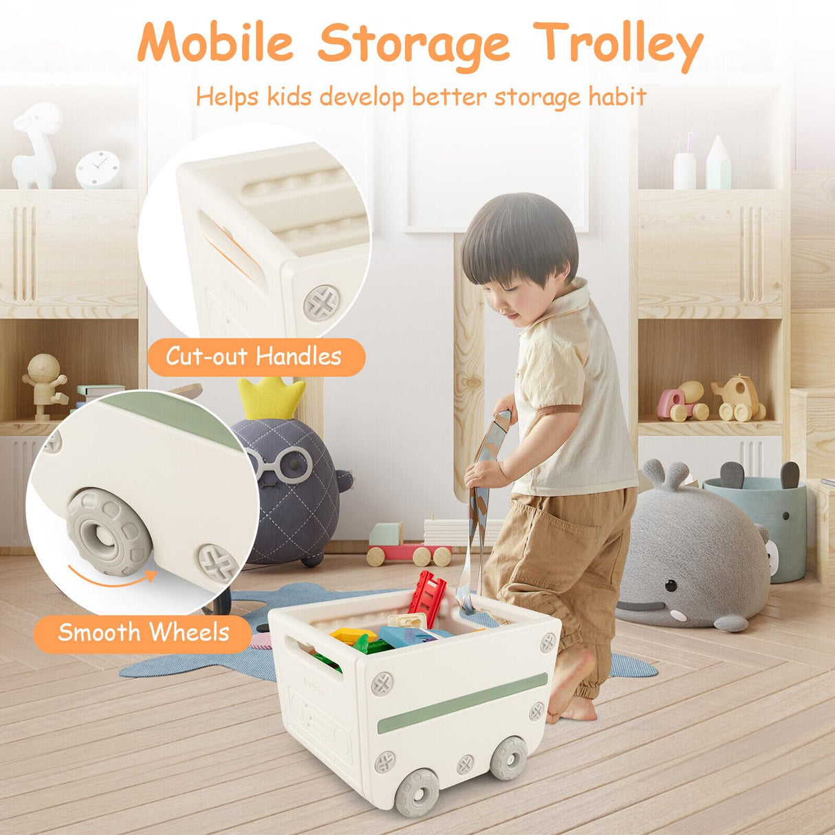 HONEY JOY Kids Toy Storage Organiser, Toy Chest and Bookshelf w/Mobile Trolley, Enclosed Cabinets & Storage Bins
