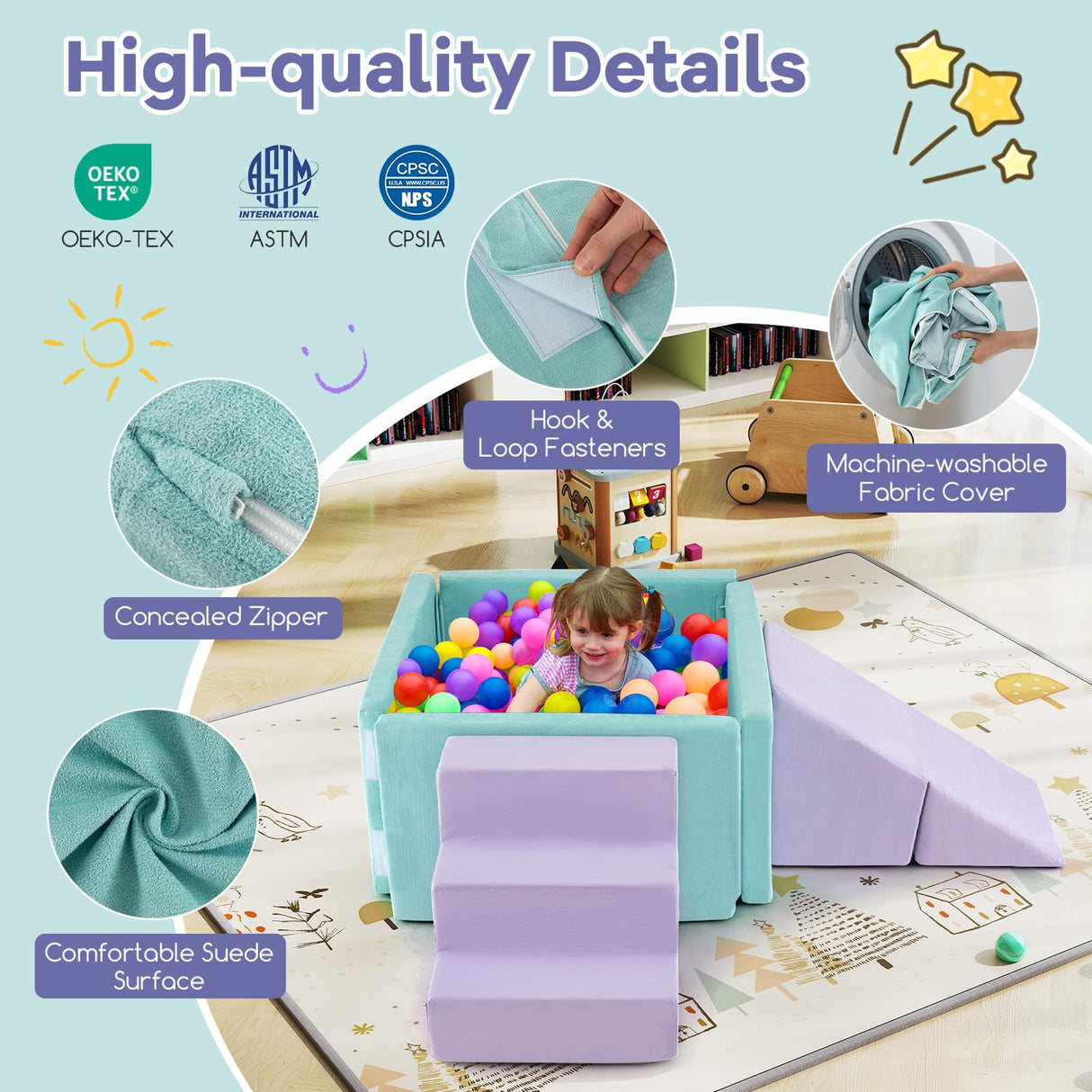 3-in-1 Foam Climbing Blocks Suede Fabric Soft Play Set