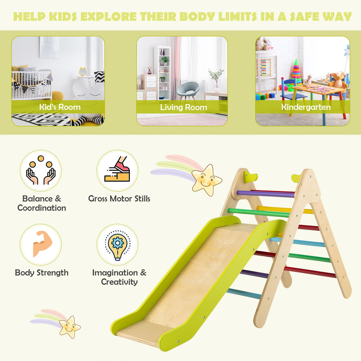 HONEY JOY Wooden Climbing Triangle Ladder for Kids, 2 in 1 Pikler Triangle Climber with Ramp for Slide