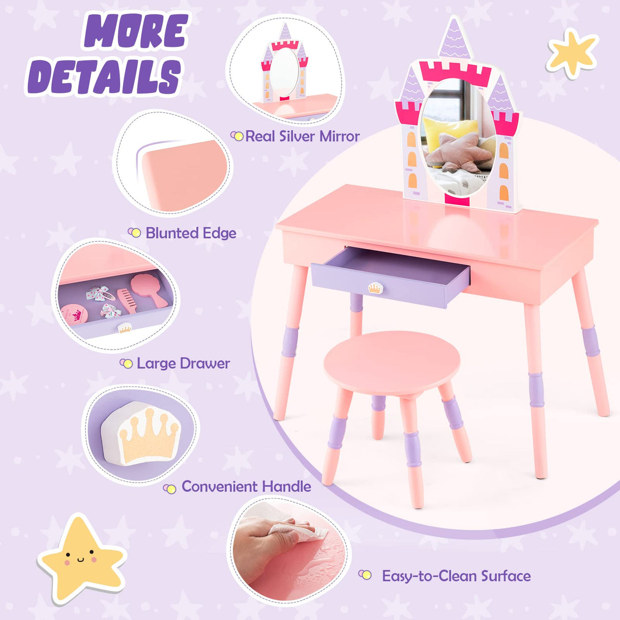 HONEY JOY Kids Vanity Set, Dressing Table for Children with Mirror and Stool, Princess Makeup Table