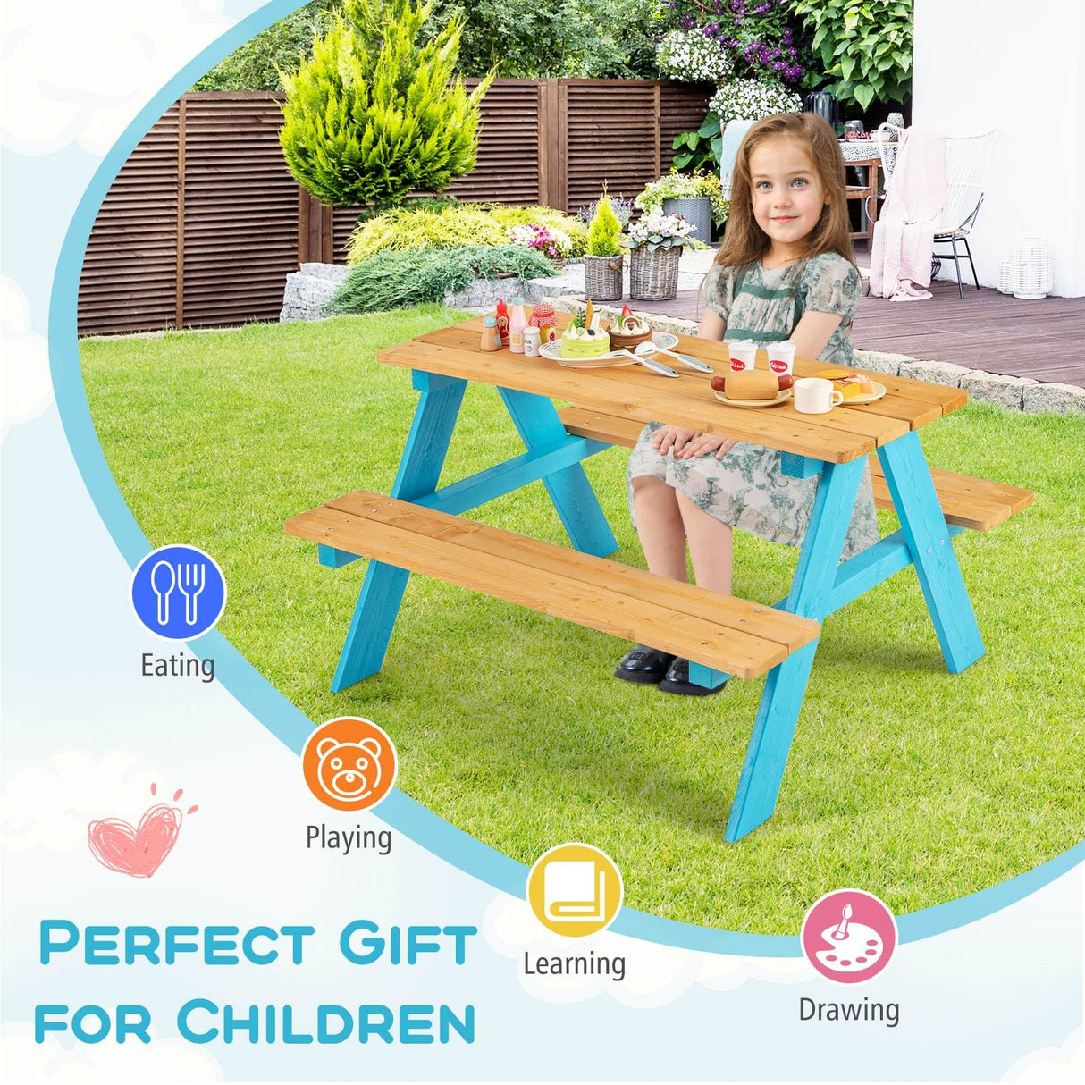 HONEY JOY Kids Wooden Picnic Table Set, Outdoor Children Table with Bench Seats
