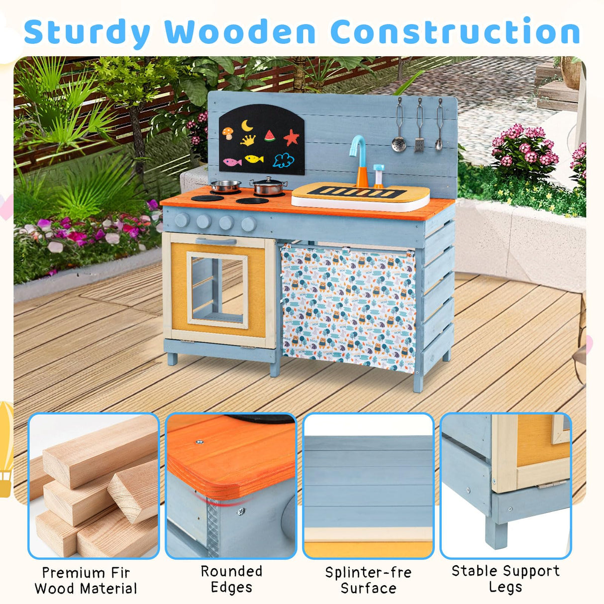Outdoor Kids Play Kitchen Set, Wooden Kitchen Playset w/Stoves