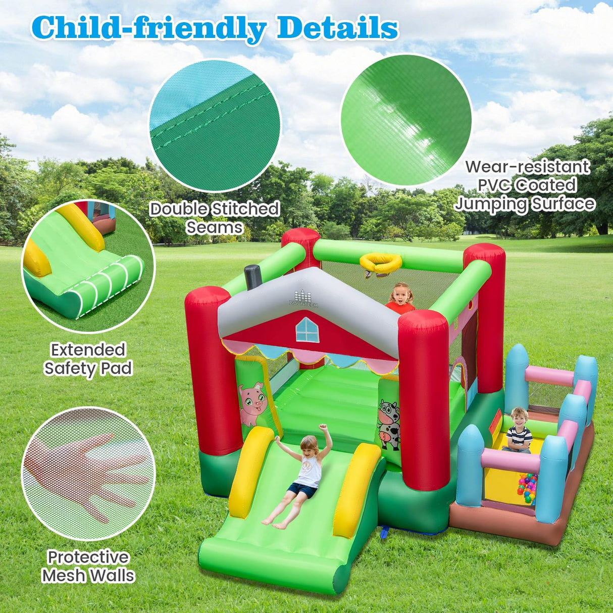 Inflatable Bounce House, 4-in-1 Farm Themed Jumping Castle with Slide