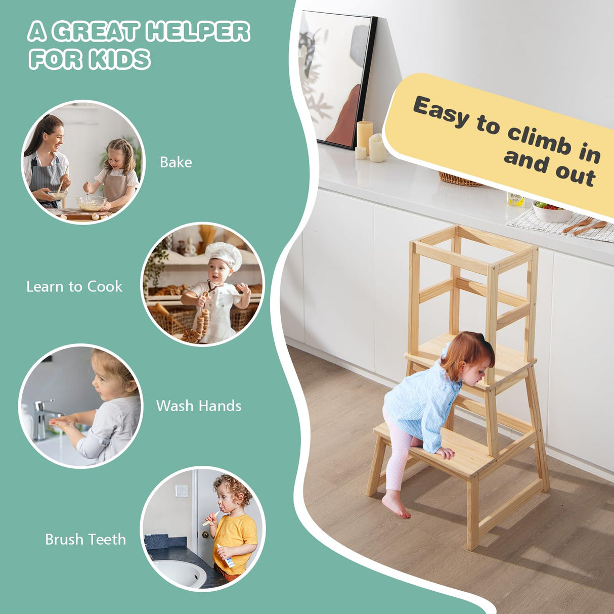 BABY JOY Kids Kitchen Step Stool with Safety Rail, 2 in 1 Solid Wood Montessori Learning Stool