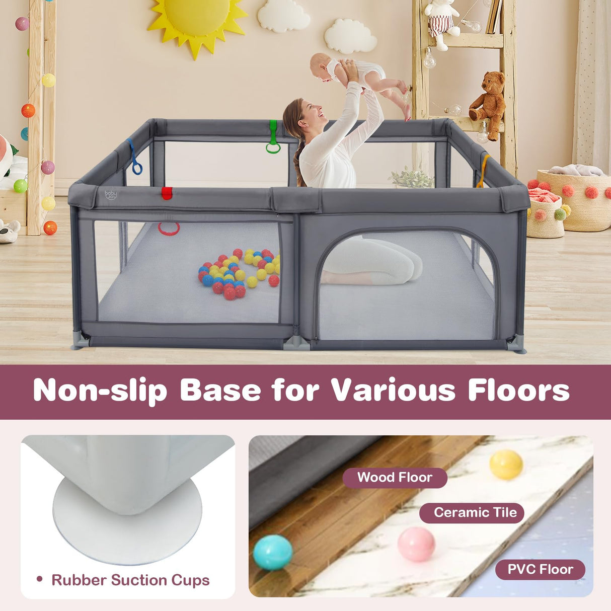 BABY JOY Baby Playpen 185 x 155 x 69 cm Large Play Yard for Infants