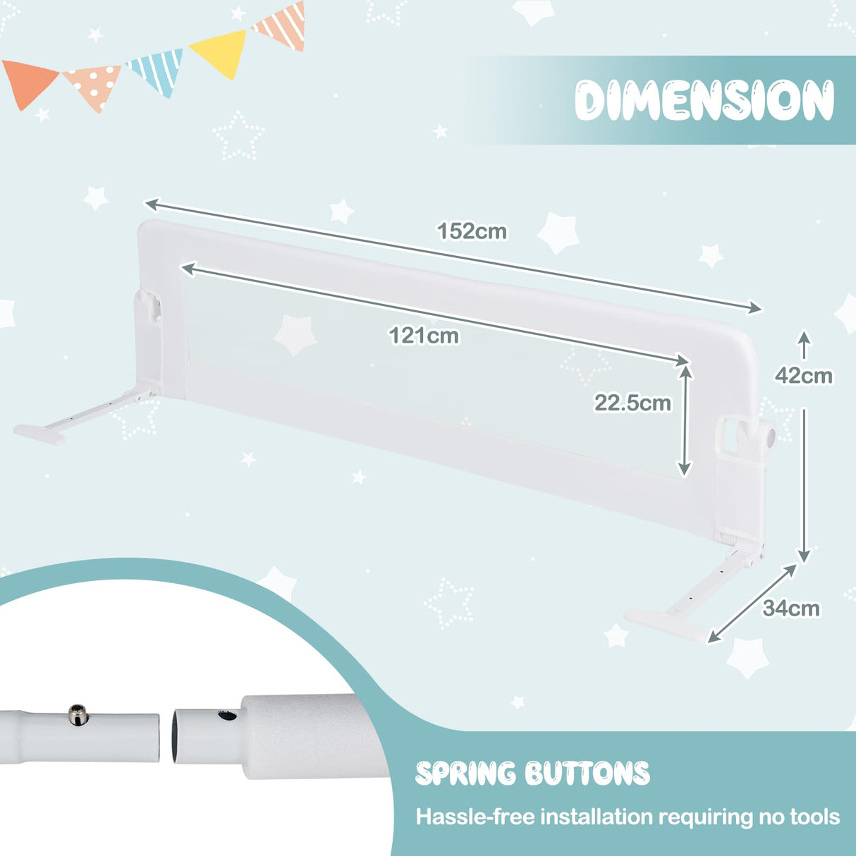 152 x 42 cm Swing Down Baby Bed Guard Rail, White - Baby Joy