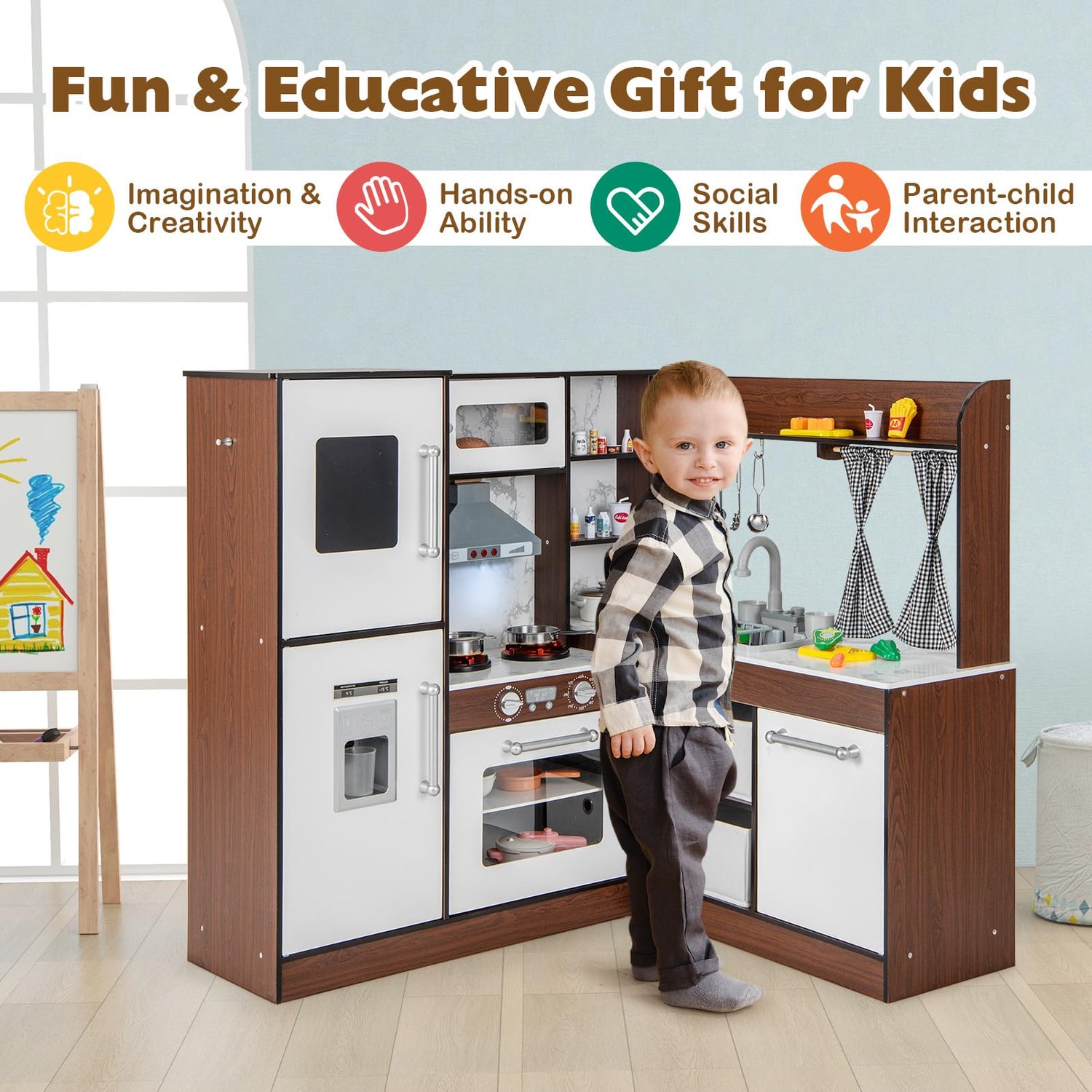 HONEY JOY Wooden Corner Play Kitchen, Toddler Kitchen Playset w/Lights & Sounds