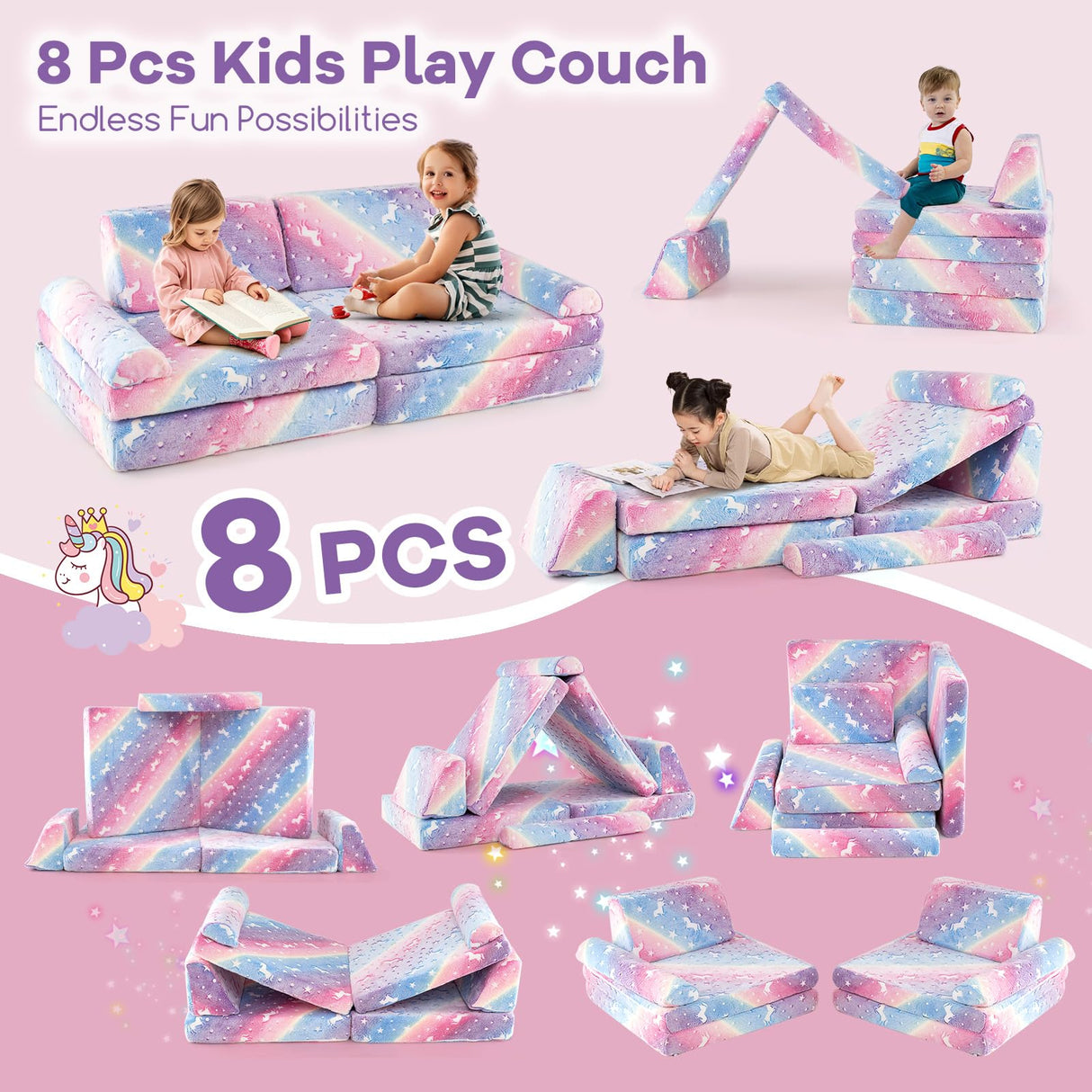 HONEY JOY 8 PCS Modular Kids Play Couch, Glow in The Dark Toddler Sectional Sofa