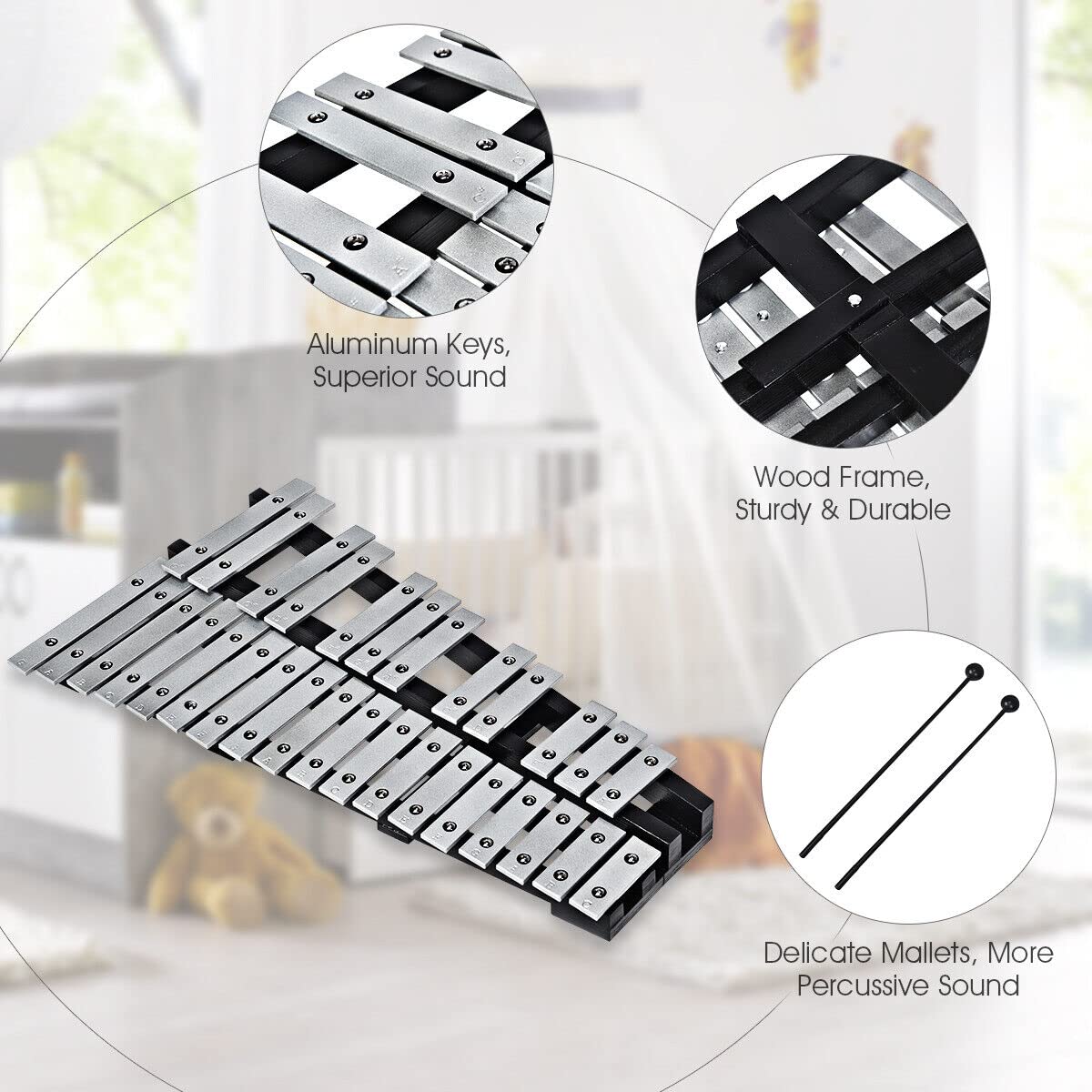 HONEY JOY Kids 30-Note Glockenspiel Xylophone, Foldable Xylophone w/2 Mallets, Shoulder Strap