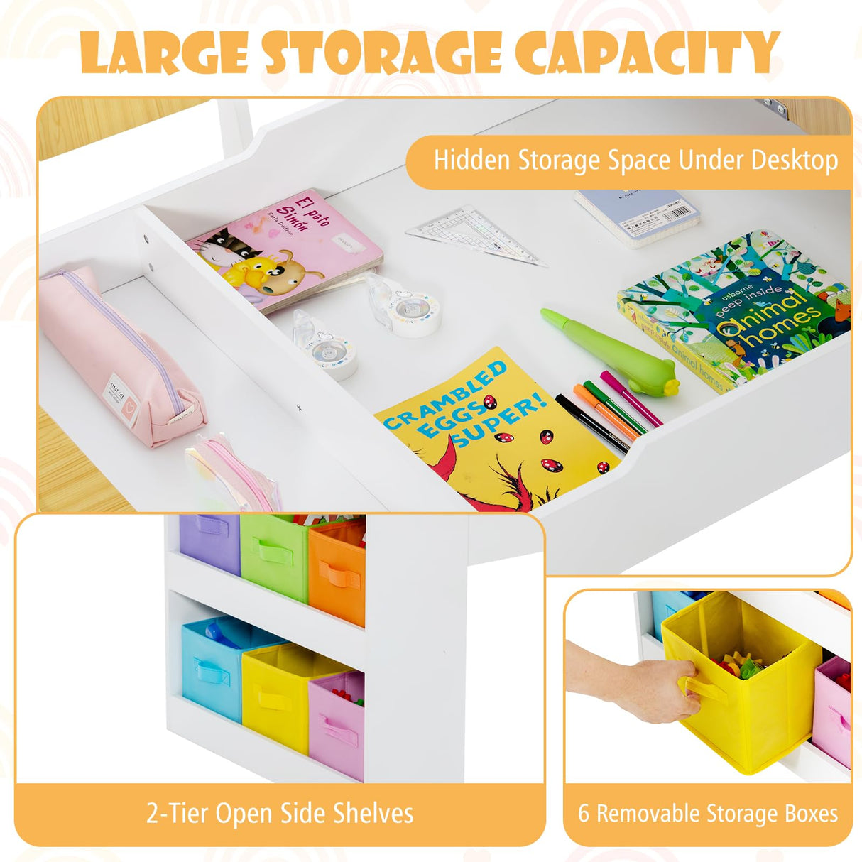 HONEY JOY Kids Table and Chairs Set, 2 in 1 Wooden Art Table & Easel Set for Children with 2 Chairs, 6 Storage Bins