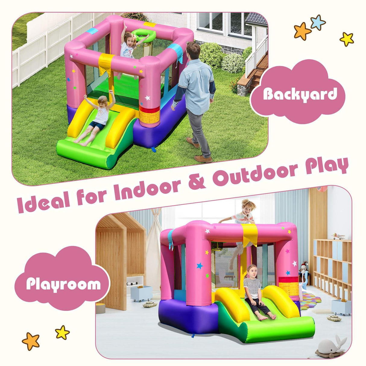 Inflatable Bounce House, Kids Bouncy Castle with Slide & Basketball Rim