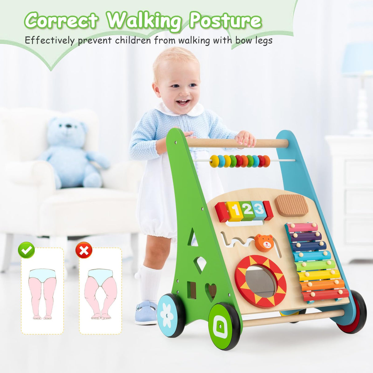 BABY JOY Wooden Baby Walker, Push and Pull Sit-to-Stand Learning Walker Activity Center(Colorful)
