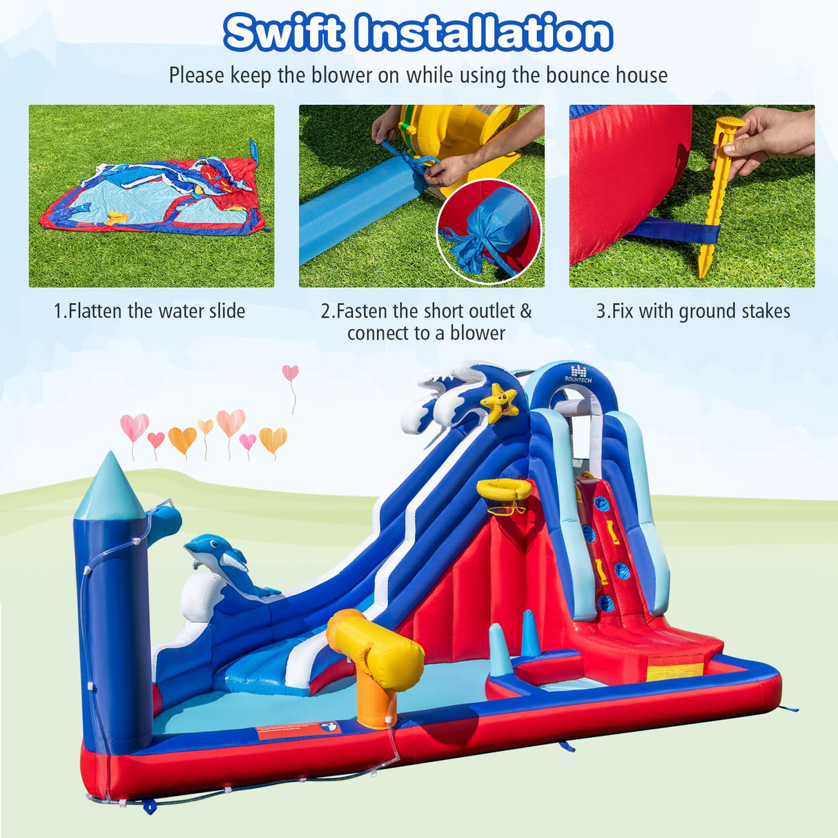 HONEY JOY Inflatable Water Slide, Dolphin Theme Kids Bounce House Water Park w/Long Slide, 2 Splash Pools with 680W Blower