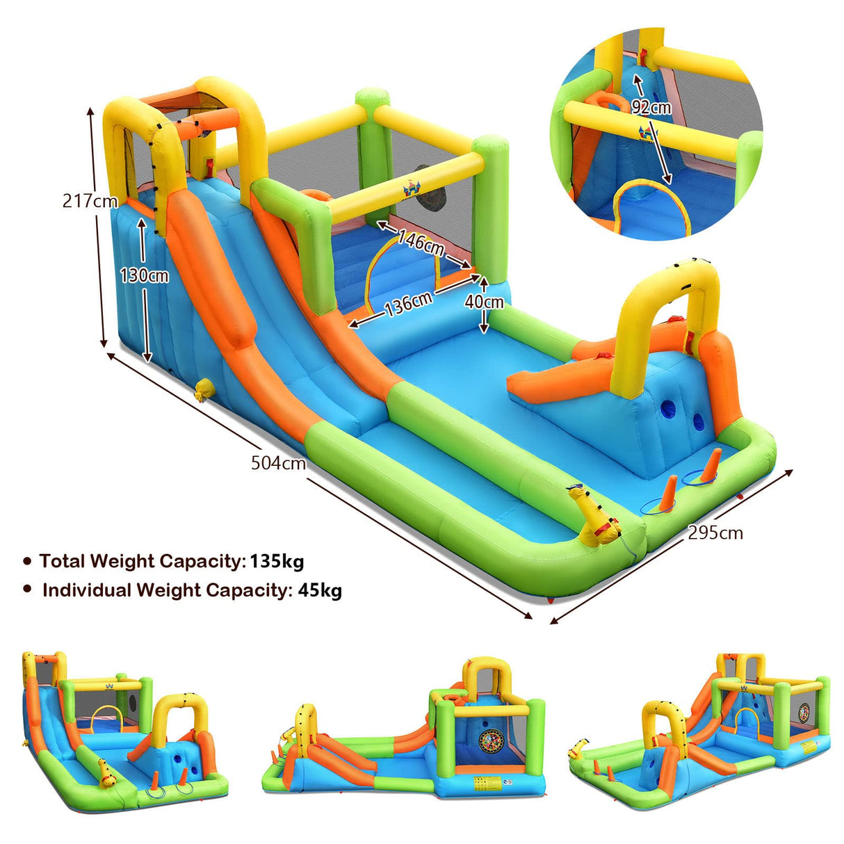 HONEY JOY 8 in 1 Inflatable Water Slide, Water Park w/Double Slides, Basketball Hoop, Water Gun