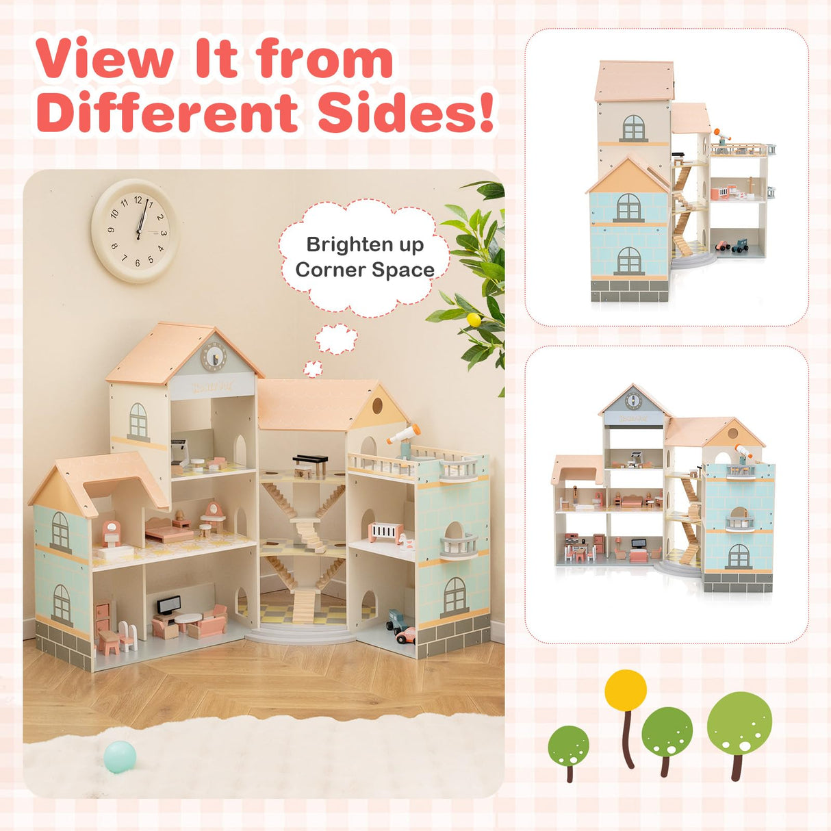 Wooden Corner Dollhouse Playset with 34 Pieces of Furniture and Accessories