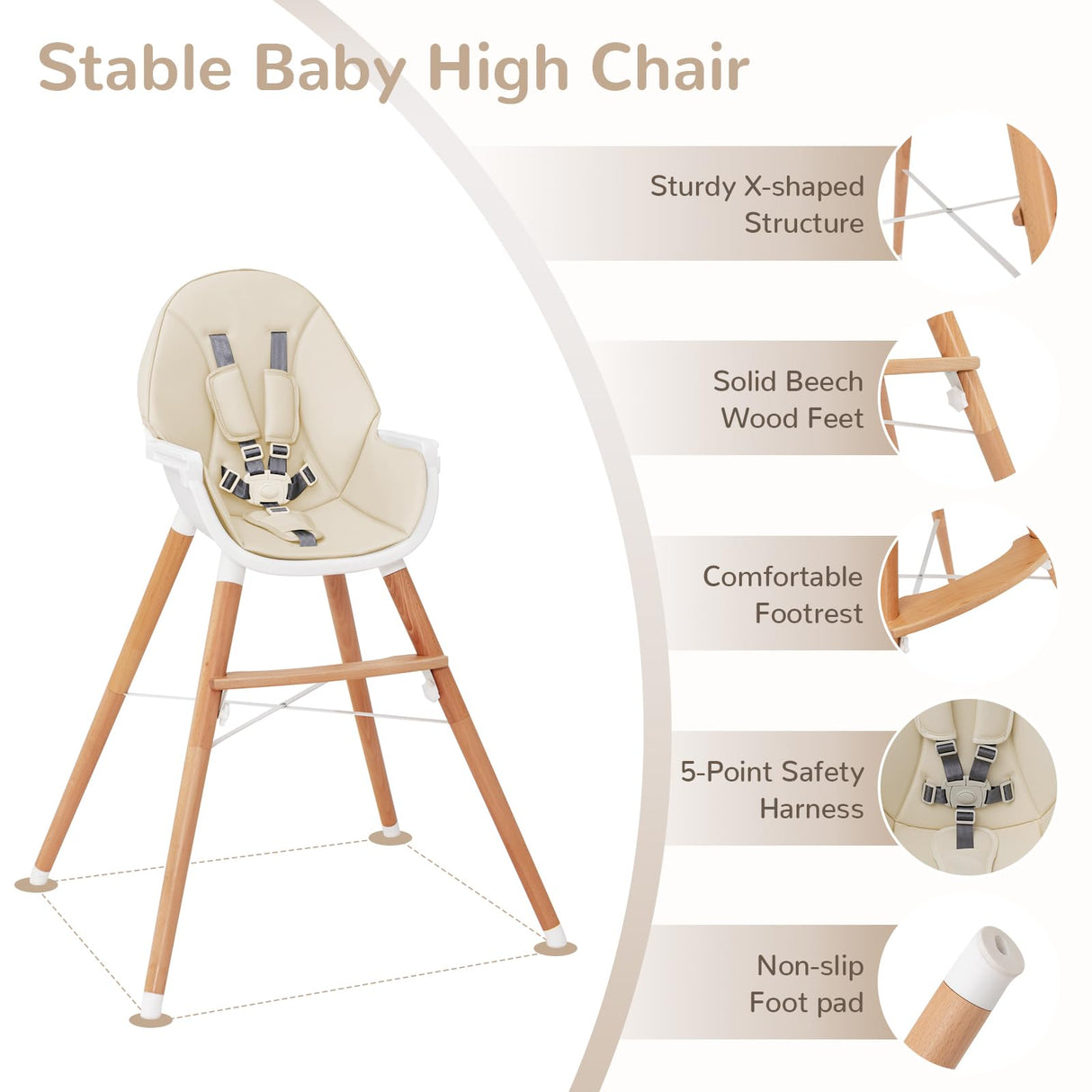 BABY JOY Baby High Chair, Wooden Highchair for Babies Infants w/Double 4-Gear Tray