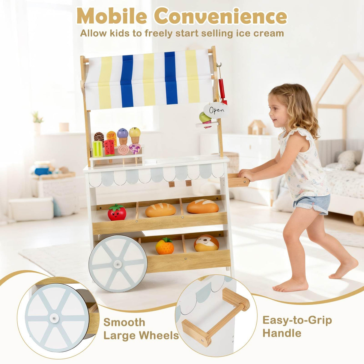 Wooden Ice Cream Cart for Kids, Pretend Play Set with Storage for 3+ Years Old