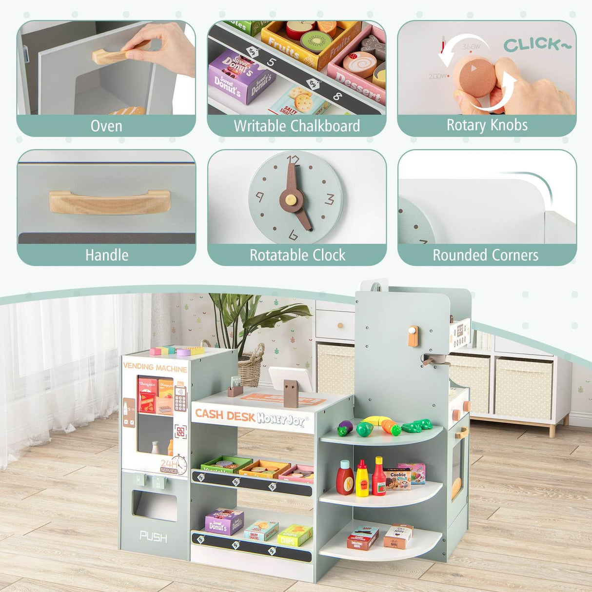 HONEY JOY Kids Grocery Store Playset, Wooden Pretend Play Supermarket w/Vending Machine