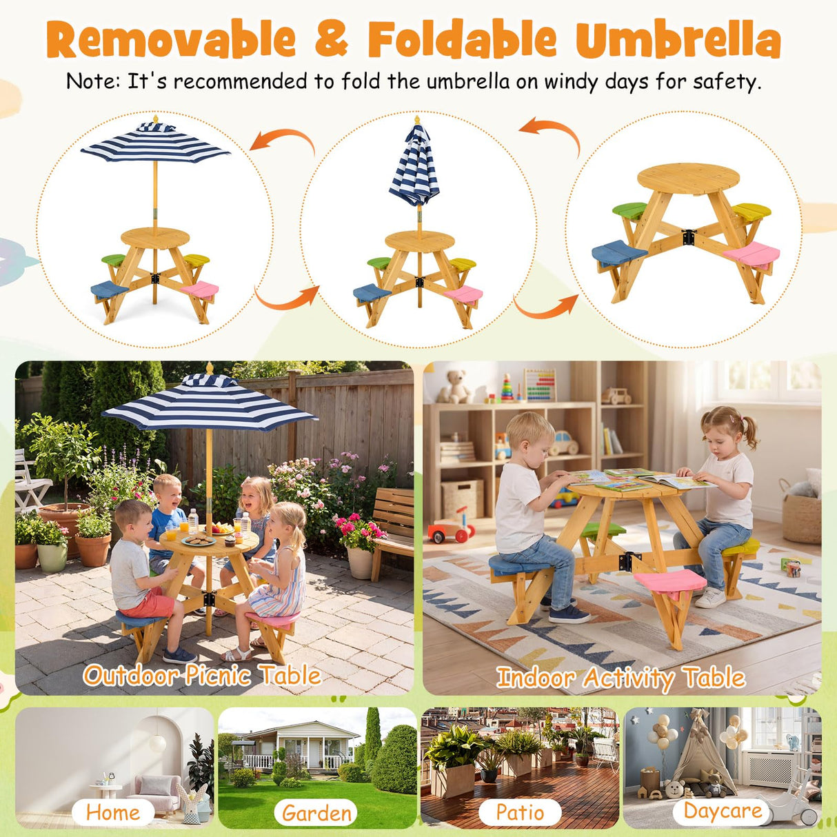 Kids Picnic Table with Stools and Foldable Adjustable Umbrella for Backyard and Patio