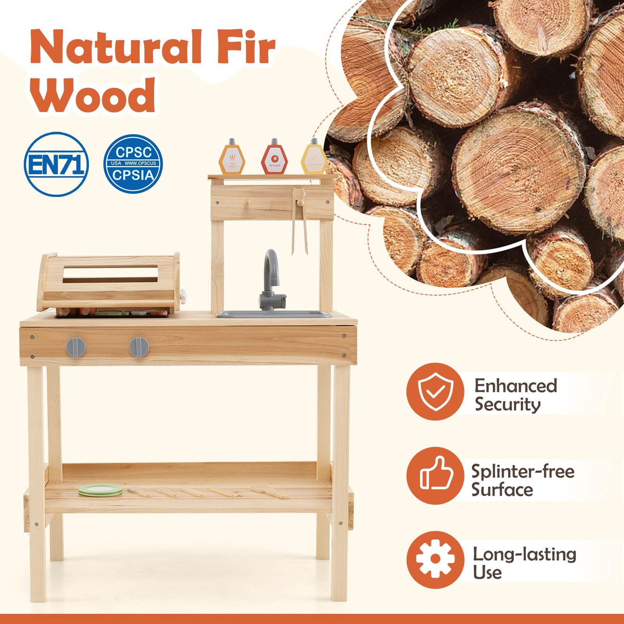 Wooden Barbecue Grill Toy Set with Sink and Faucet Kids BBQ Grill Playset