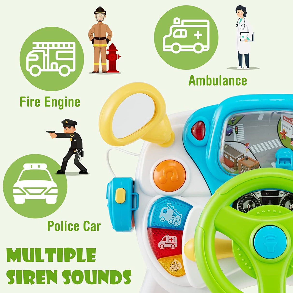 HONEY JOY Steering Wheel Toy, Pretend Play Driving Simulated Toy w/Light and Music, Cyclic Rotary Scene