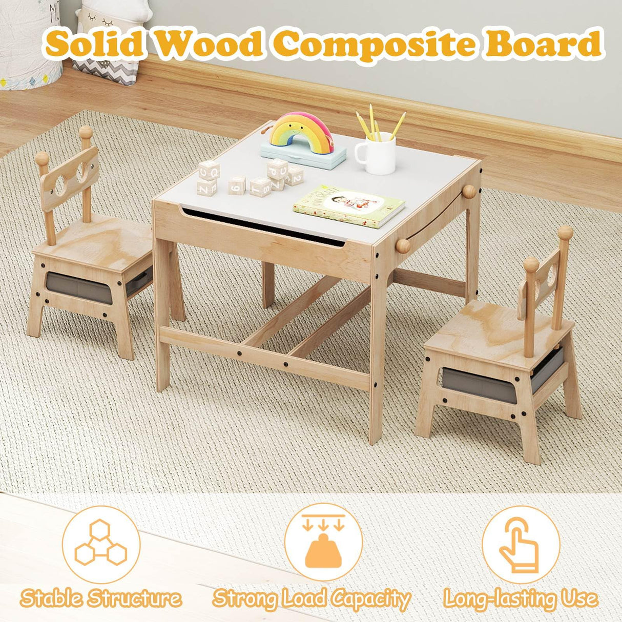 4-in-1 Kids Table and Chairs Set with Reversible Whiteboard for Arts Robot Style