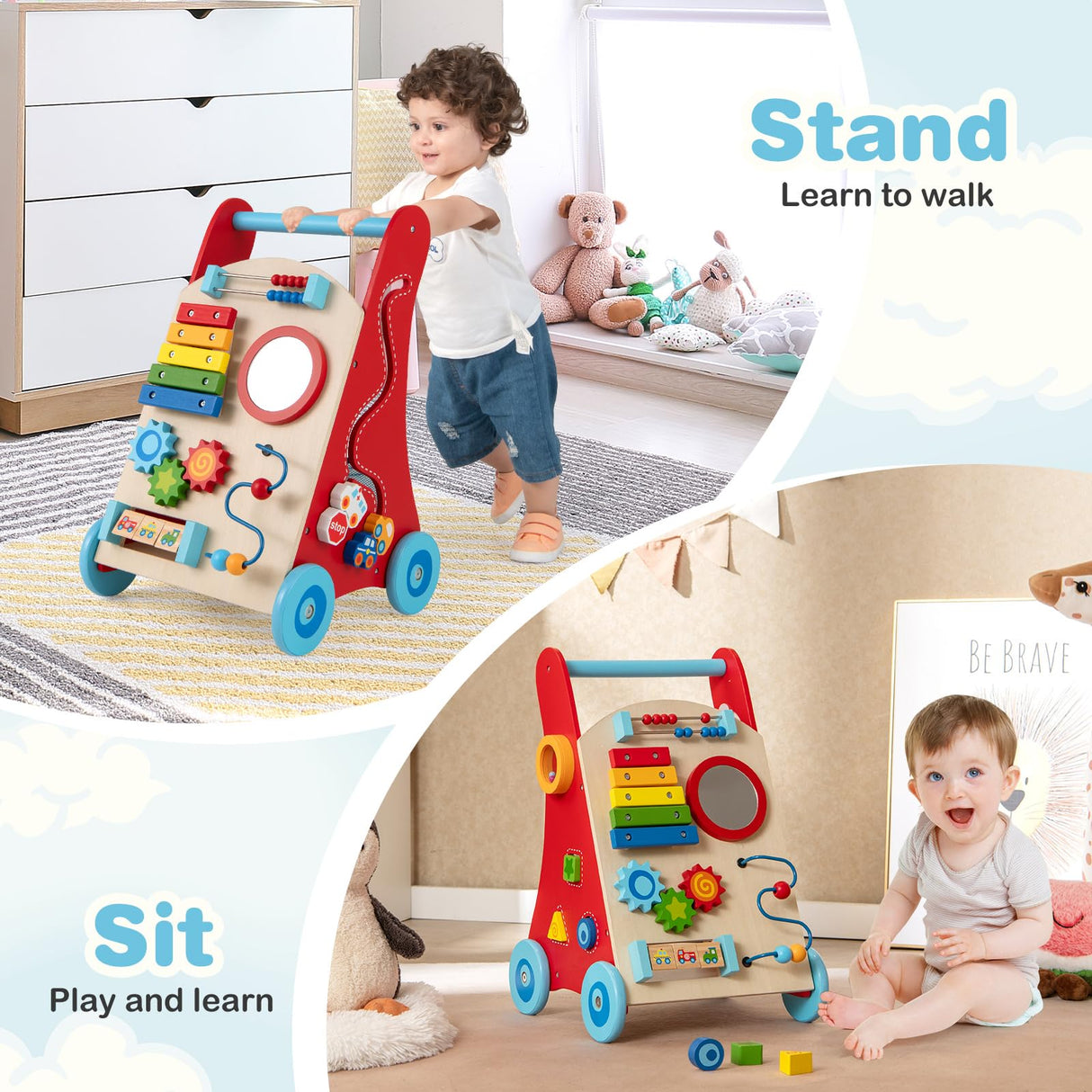 Wooden Baby Walker, Baby Push Walker with Handle, Storage & Wheels, Push and Pull Learning Activity Walker