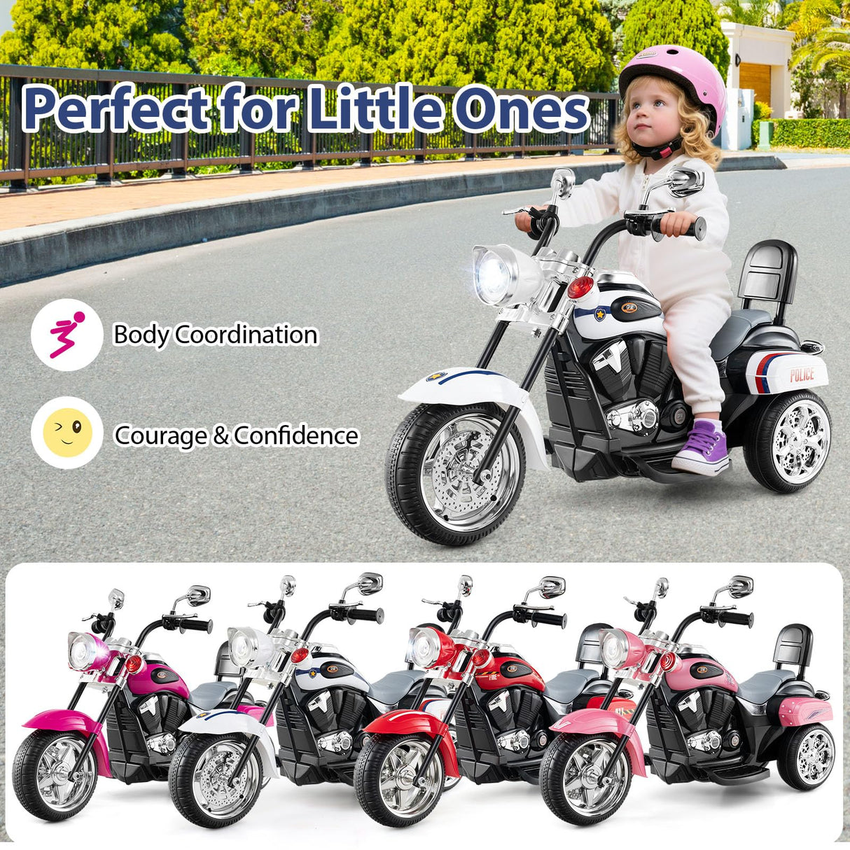 6V Kids Motorcycle 3-Wheel with Headlight and Horn White